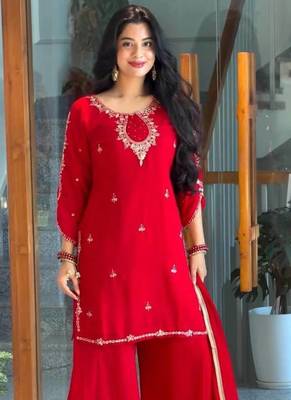 Red Color Embroidery And Sequence Work Faux Georgette Salwar Suit 1