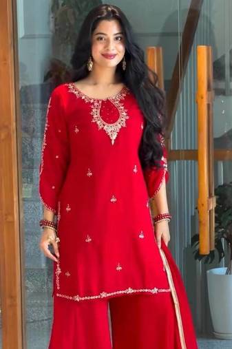 Red Color Embroidery And Sequence Work Faux Georgette Salwar Suit