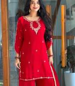 Red Color Embroidery And Sequence Work Faux Georgette Salwar Suit