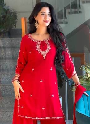Red Color Embroidery And Sequence Work Faux Georgette Salwar Suit 2