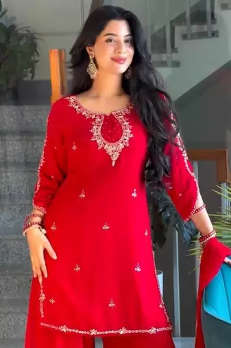 Red Color Embroidery And Sequence Work Faux Georgette Salwar Suit