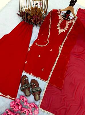 Red Color Embroidery And Sequence Work Faux Georgette Salwar Suit 4