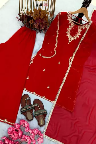 Red Color Embroidery And Sequence Work Faux Georgette Salwar Suit
