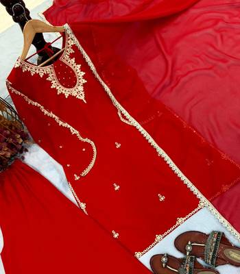 Red Color Embroidery And Sequence Work Faux Georgette Salwar Suit 5