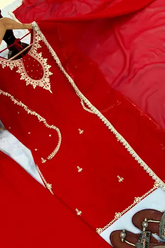 Red Color Embroidery And Sequence Work Faux Georgette Salwar Suit