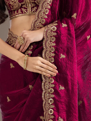 Catching maroon tissue silk zari and sequins embroidered indian latest design traditional saree 2