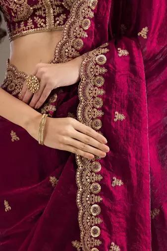 Catching maroon tissue silk zari and sequins embroidered indian latest design traditional saree