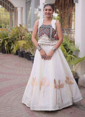 Women’s Navratri Special Roman Silk Lehenga Choli with Pan Patti Gota & Mirror Lace Work 1