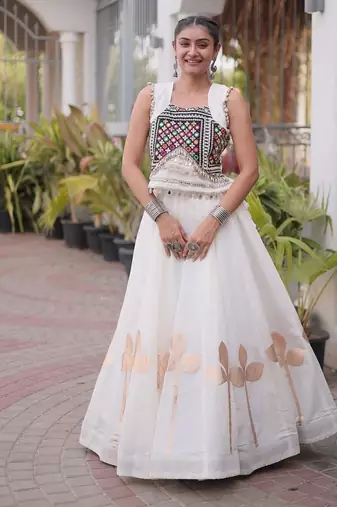 Women’s Navratri Special Roman Silk Lehenga Choli with Pan Patti Gota & Mirror Lace Work