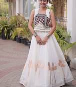 Women’s Navratri Special Roman Silk Lehenga Choli with Pan Patti Gota & Mirror Lace Work