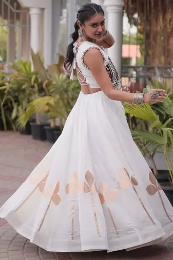 Women’s Navratri Special Roman Silk Lehenga Choli with Pan Patti Gota & Mirror Lace Work