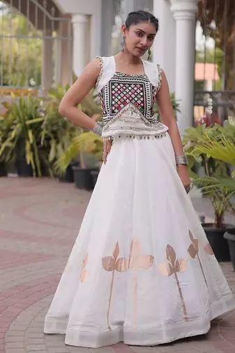 Women’s Navratri Special Roman Silk Lehenga Choli with Pan Patti Gota & Mirror Lace Work