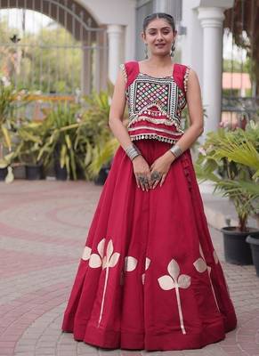 Navratri Roman Silk Lehenga Choli with Pan Patti Gota & Mirror Lace Work - free size 1