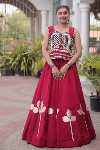 Navratri Roman Silk Lehenga Choli with Pan Patti Gota & Mirror Lace Work - free size