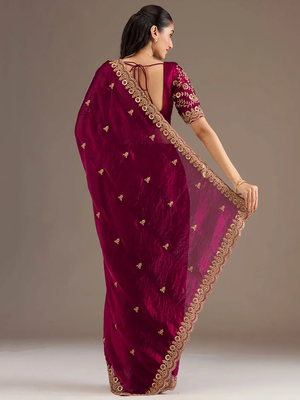 Catching maroon tissue silk zari and sequins embroidered indian latest design traditional saree 3