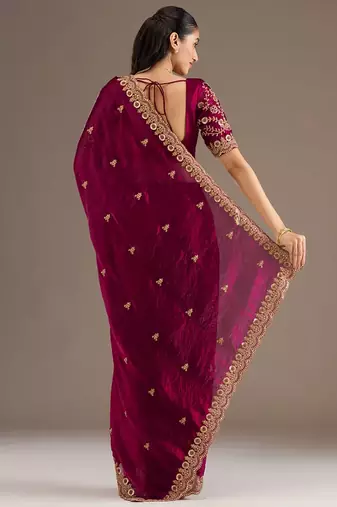Catching maroon tissue silk zari and sequins embroidered indian latest design traditional saree