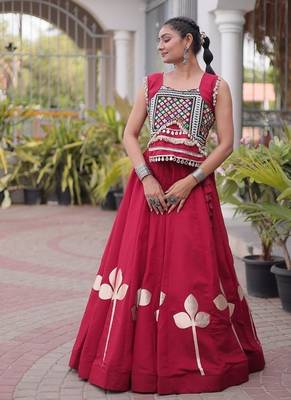 Navratri Roman Silk Lehenga Choli with Pan Patti Gota & Mirror Lace Work - free size 3
