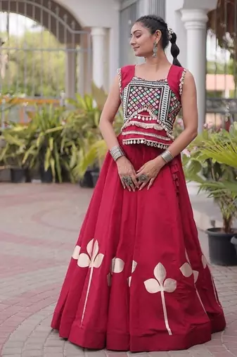 Navratri Roman Silk Lehenga Choli with Pan Patti Gota & Mirror Lace Work - free size