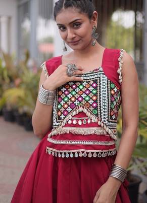 Navratri Roman Silk Lehenga Choli with Pan Patti Gota & Mirror Lace Work - free size 4