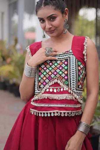 Navratri Roman Silk Lehenga Choli with Pan Patti Gota & Mirror Lace Work - free size