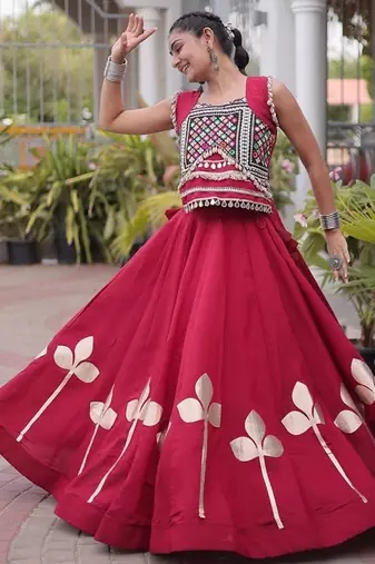 Navratri Roman Silk Lehenga Choli with Pan Patti Gota & Mirror Lace Work - free size