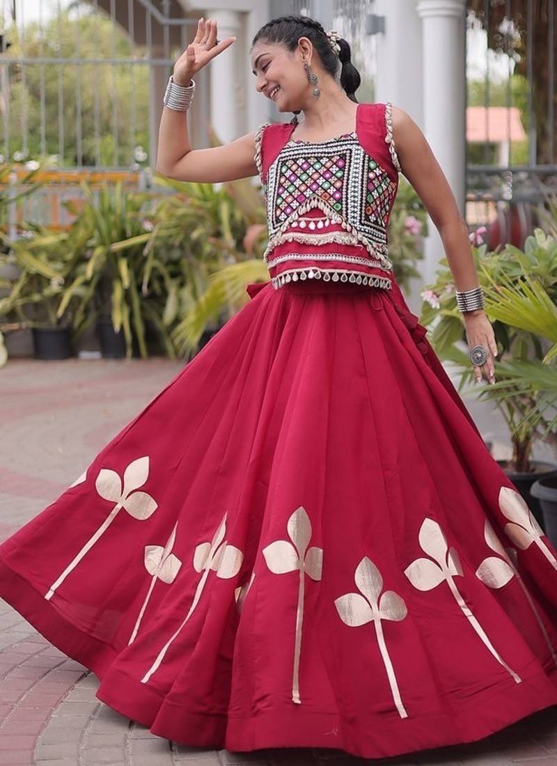 Navratri Roman Silk Lehenga Choli with Pan Patti Gota & Mirror Lace Work - free size