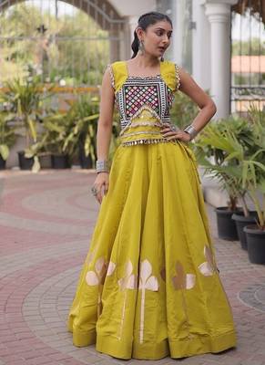 Navratri Roman Silk Lehenga Choli with Pan Patti Gota & Mirror Lace Work - free size 1