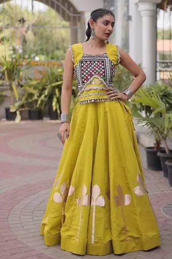 Navratri Roman Silk Lehenga Choli with Pan Patti Gota & Mirror Lace Work - free size
