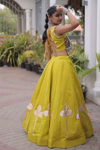 Navratri Roman Silk Lehenga Choli with Pan Patti Gota & Mirror Lace Work - free size