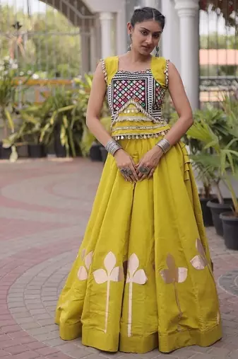 Navratri Roman Silk Lehenga Choli with Pan Patti Gota & Mirror Lace Work - free size