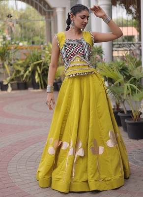 Navratri Roman Silk Lehenga Choli with Pan Patti Gota & Mirror Lace Work - free size 4