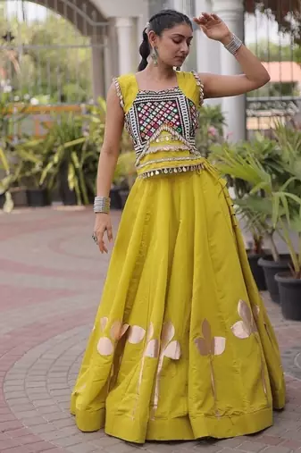 Navratri Roman Silk Lehenga Choli with Pan Patti Gota & Mirror Lace Work - free size