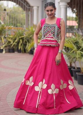 Navratri Roman Silk Lehenga Choli with Pan Patti Gota & Mirror Lace Work - free size 1