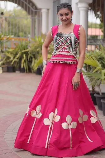 Navratri Roman Silk Lehenga Choli with Pan Patti Gota & Mirror Lace Work - free size