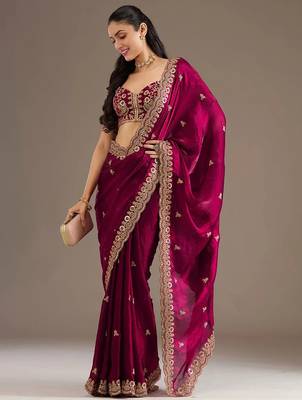 Catching maroon tissue silk zari and sequins embroidered indian latest design traditional saree 4