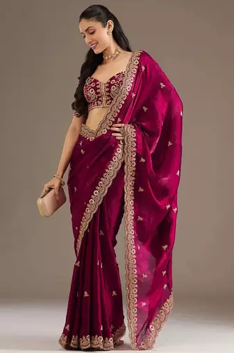 Catching maroon tissue silk zari and sequins embroidered indian latest design traditional saree