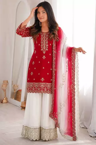 red color beautiful embroidery and sequence work silk blend kurti palazzo set