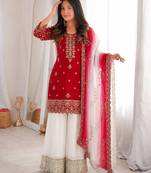 red color beautiful embroidery and sequence work silk blend kurti palazzo set