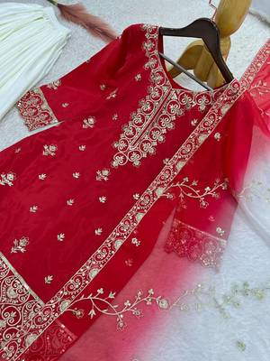 red color beautiful embroidery and sequence work silk blend kurti palazzo set 3