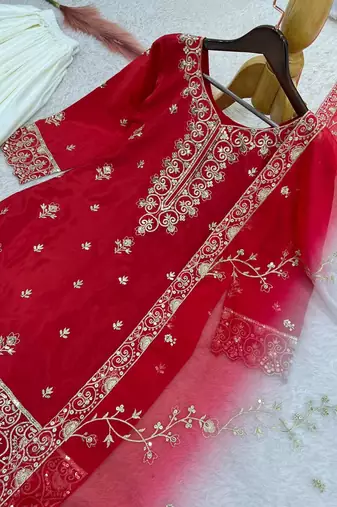 red color beautiful embroidery and sequence work silk blend kurti palazzo set