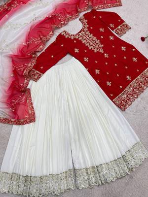 red color beautiful embroidery and sequence work silk blend kurti palazzo set 5