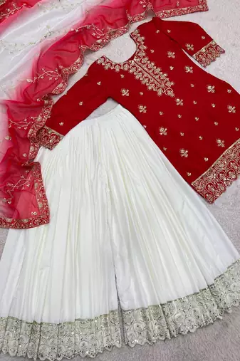 red color beautiful embroidery and sequence work silk blend kurti palazzo set