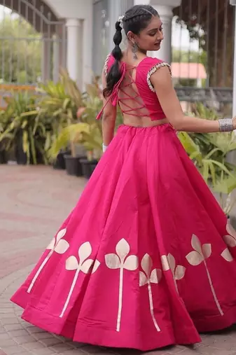 Navratri Roman Silk Lehenga Choli with Pan Patti Gota & Mirror Lace Work - free size