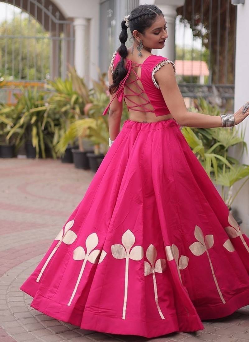Navratri Roman Silk Lehenga Choli with Pan Patti Gota & Mirror Lace Work - free size