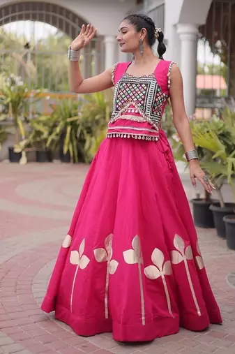 Navratri Roman Silk Lehenga Choli with Pan Patti Gota & Mirror Lace Work - free size