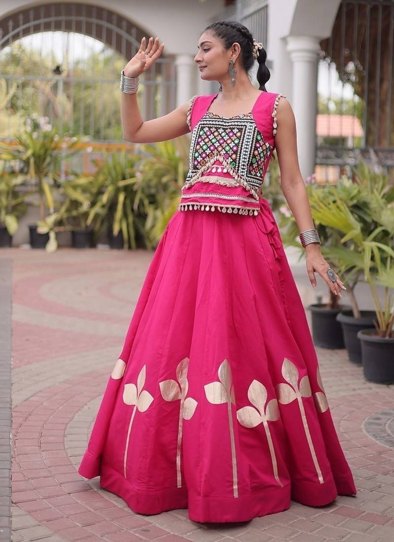 Navratri Roman Silk Lehenga Choli with Pan Patti Gota & Mirror Lace Work - free size