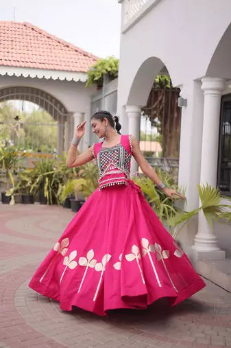 Navratri Roman Silk Lehenga Choli with Pan Patti Gota & Mirror Lace Work - free size