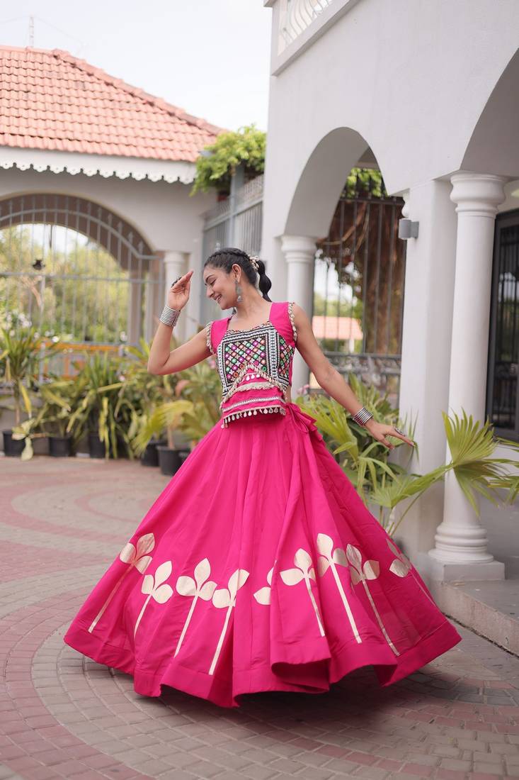 Navratri Roman Silk Lehenga Choli with Pan Patti Gota & Mirror Lace Work - free size