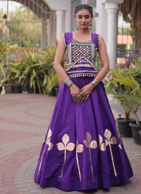 Navratri Roman Silk Lehenga Choli with Pan Patti Gota & Mirror Lace Work - free size 2