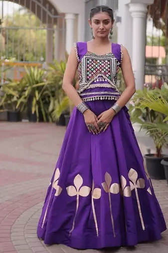 Navratri Roman Silk Lehenga Choli with Pan Patti Gota & Mirror Lace Work - free size